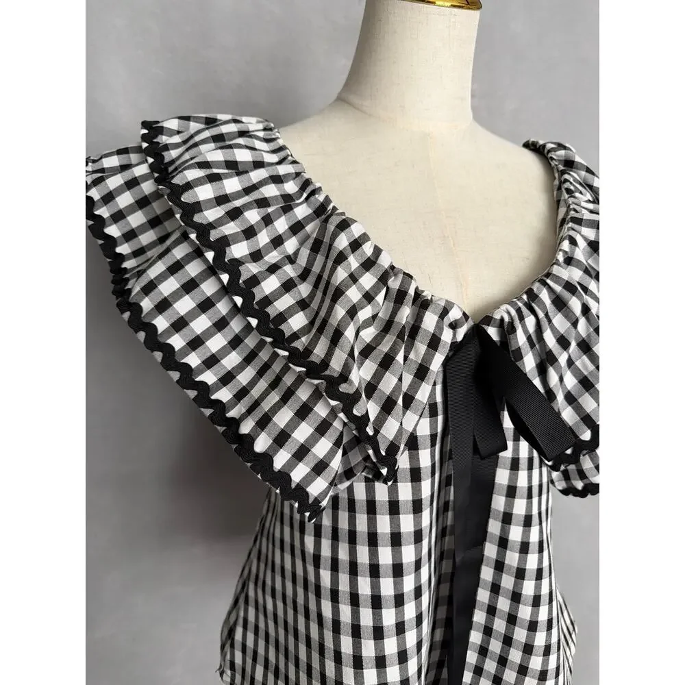 Sugarlips Gingham Top Exaggerated Collar with Bow Women's Medium NEW